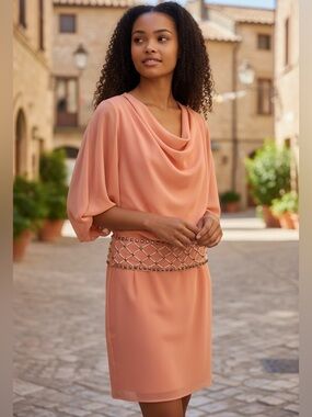 NWT Coral Chiffon Dress with Open back and Beaded Detailing